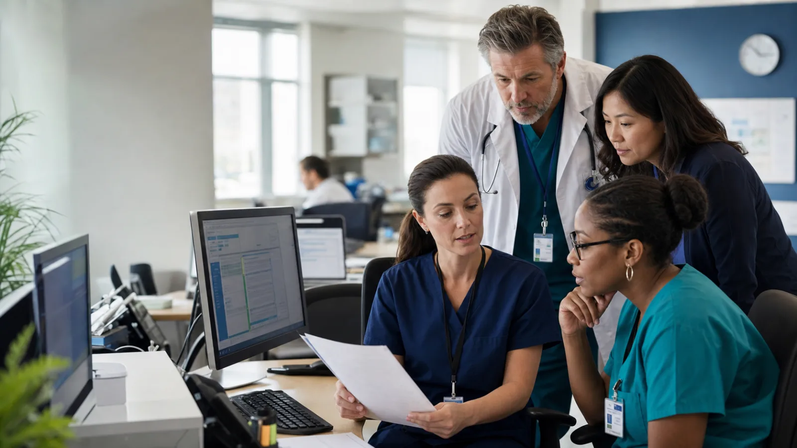 Hospital coding, CDI, and clinical professionals reviewing a documentation query
